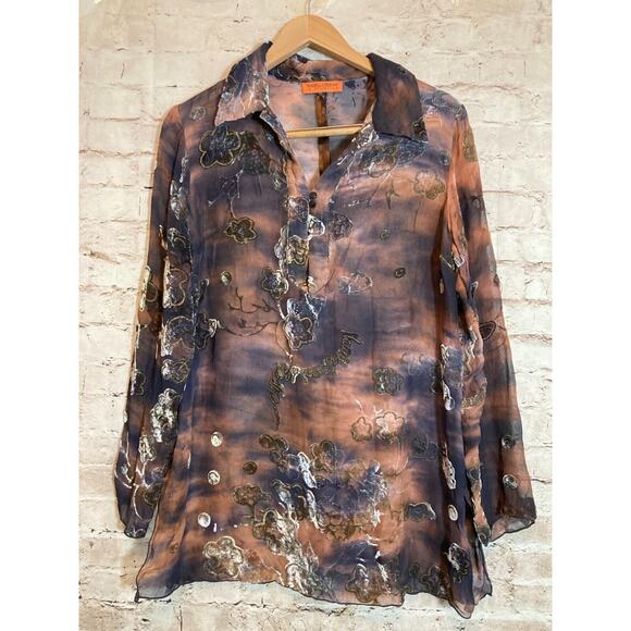 Mariella Burani Top Womens 46 Large Silk & Velvet Burnout Rust Tie Dye Tunic - Picture 1 of 15